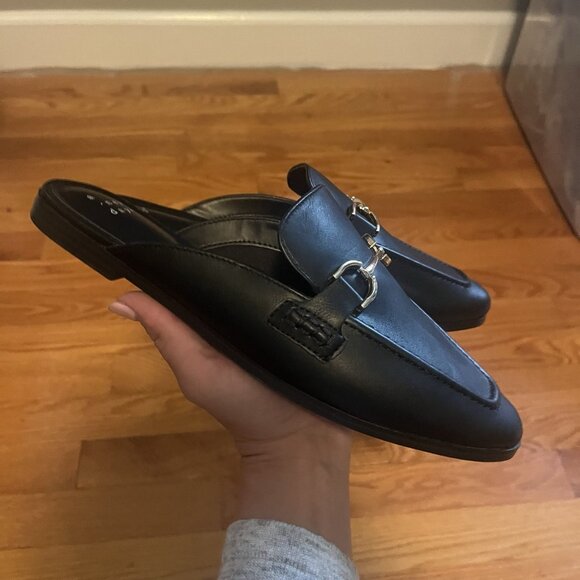 A New Day Size 8.5 Black Faux Leather Slip On Gold Buckle Mules - Picture 2 of 4